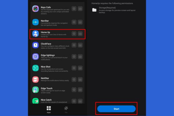HomeUp module interface for customizing Samsung favorites bar settings