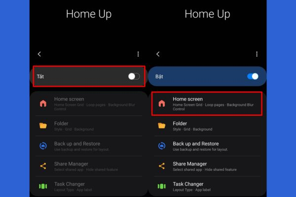 Home Screen settings showing Samsung favorites bar activation toggle