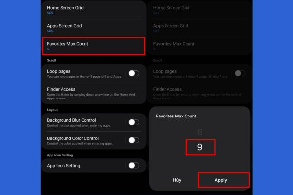 Favorites Max Count slider showing Samsung favorites bar expanded to maximum 9 apps