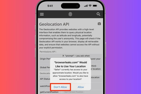 Safari browser showing Don't Allow option for location access