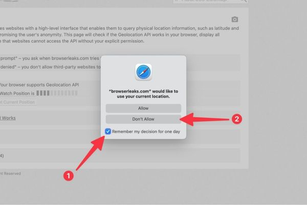 Safari preferences showing website location permissions
