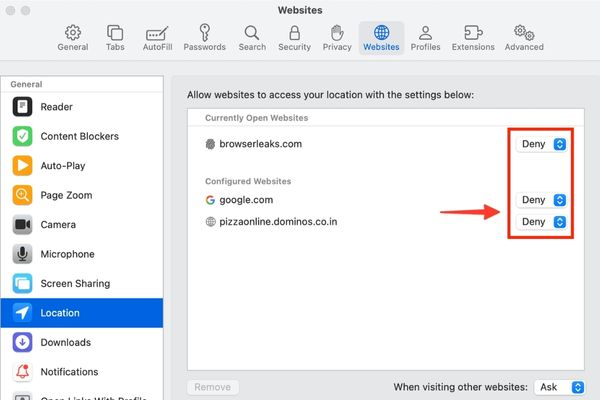 Safari settings interface with location access denied for all websites