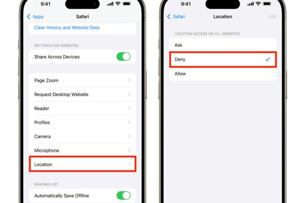 iOS settings showing Location Services with Safari access disabled